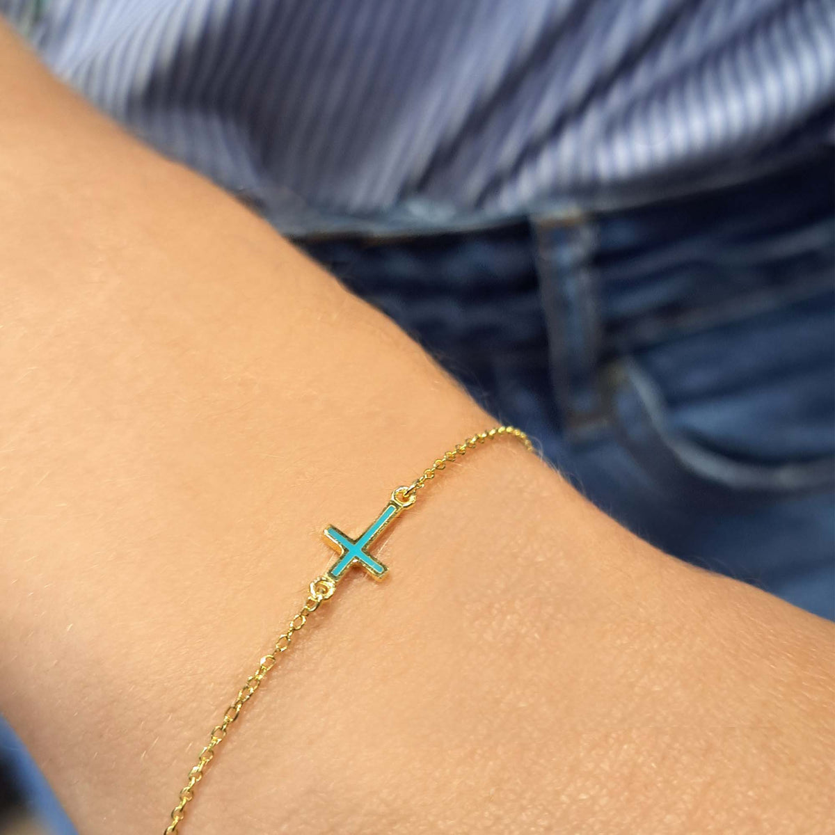 Vernus | Tiny Cross Bracelet | Turquoise Enamel | GPS 925