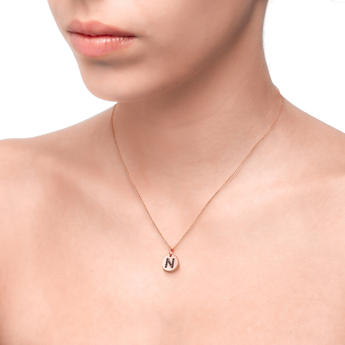 Magna | N Letter Necklace | Black CZ | Rose Gold Plated 925 Silver