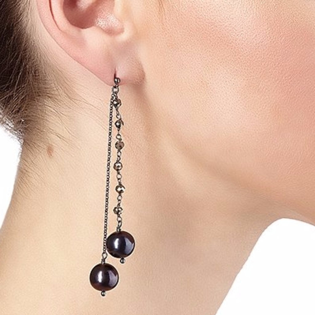Argentum Extremis Double Drop Earring - Pyrite & Black Pearl - Black Rhodium Plated Silver - Spirito Rosa | Βραβευμένα Κοσμήματα σε Απίστευτες Τιμές