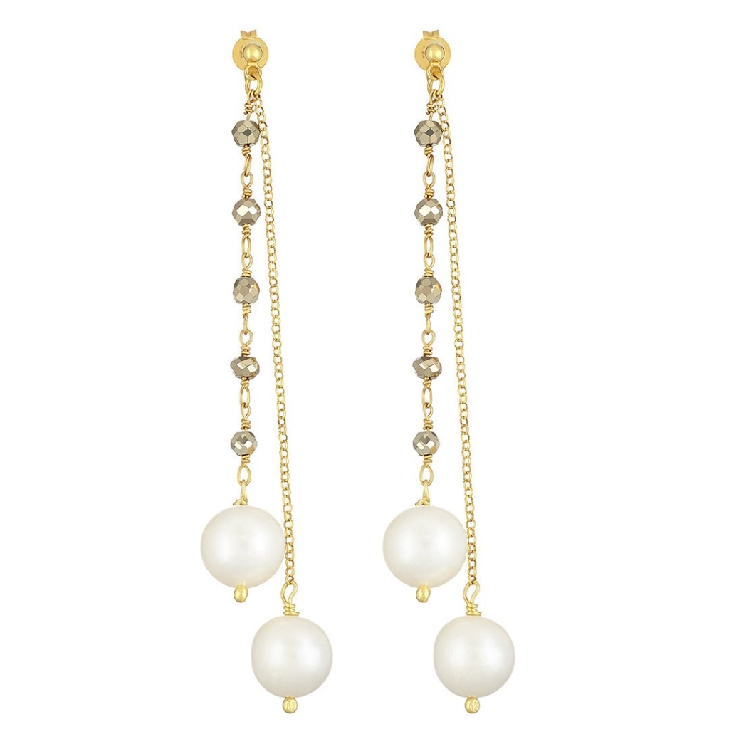 Argentum Extremis Double Drop Earring - Pyrite &amp; White Pearl - Gold Plated Silver - Spirito Rosa | Βραβευμένα Κοσμήματα σε Απίστευτες Τιμές