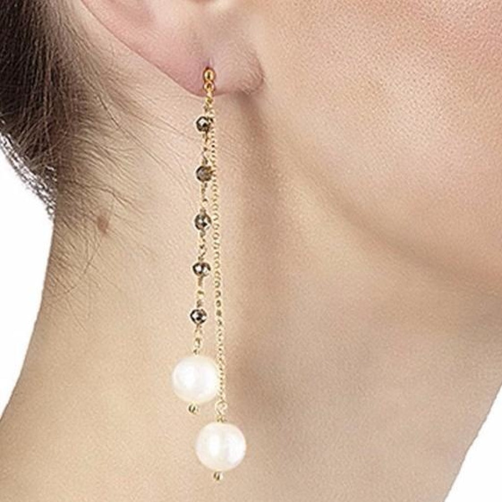 Argentum Extremis Double Drop Earring - Pyrite &amp; White Pearl - Gold Plated Silver - Spirito Rosa | Βραβευμένα Κοσμήματα σε Απίστευτες Τιμές