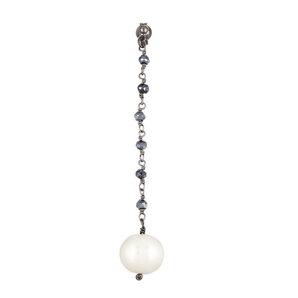 Argentum Extremis Single Drop Earring - Black Spinel & White Pearl - Black Rhodium Plated Silver - Spirito Rosa | Βραβευμένα Κοσμήματα σε Απίστευτες Τιμές